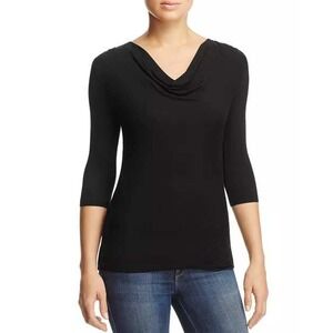 Majestic Filatures Draped 3/4 Sleeve Tee Size Medium Black Viscose Cowl Neck Top